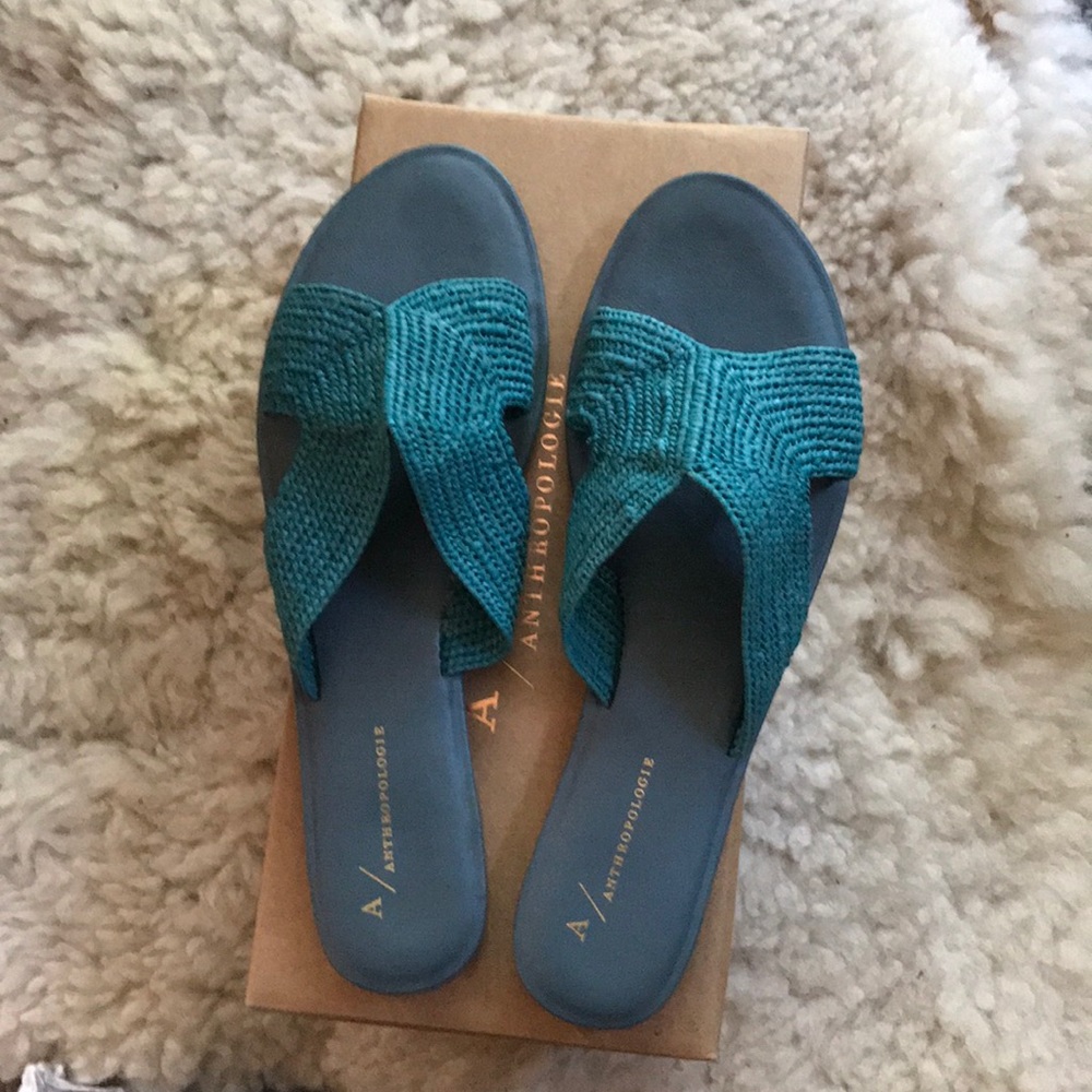 New in Box Anthropology teal raffia sandals